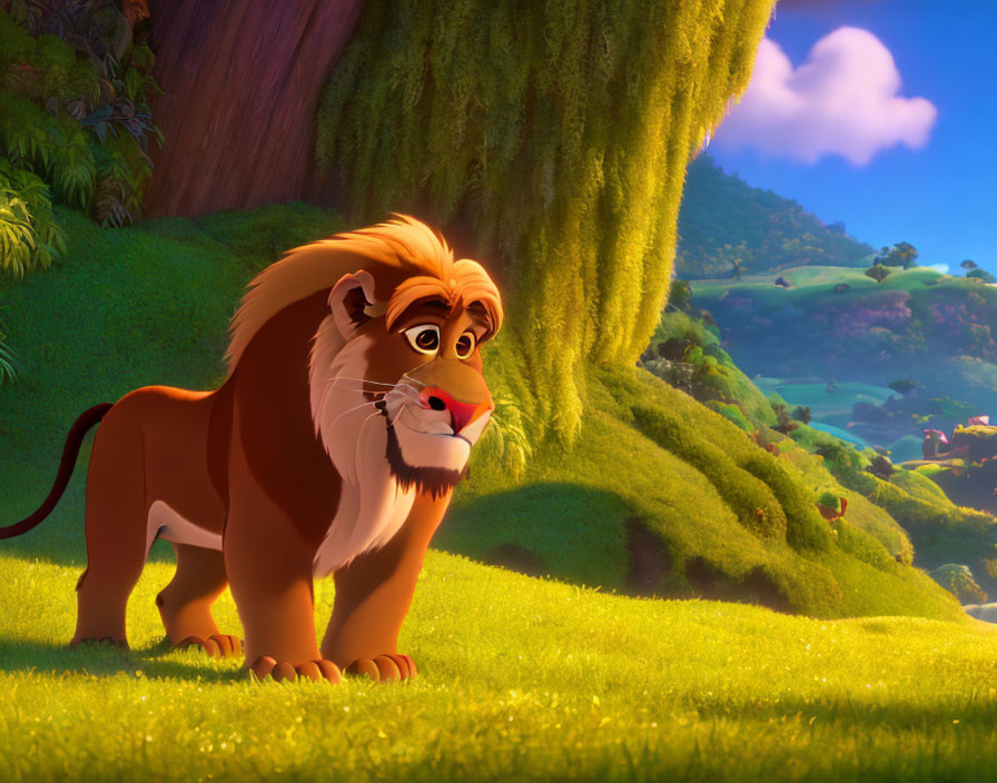 Majestic animated lion on grassy hillside with lush scenery