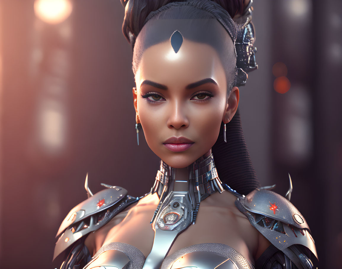 Detailed futuristic female android with cybernetic enhancements, metallic armor, and intricate hairstyle.