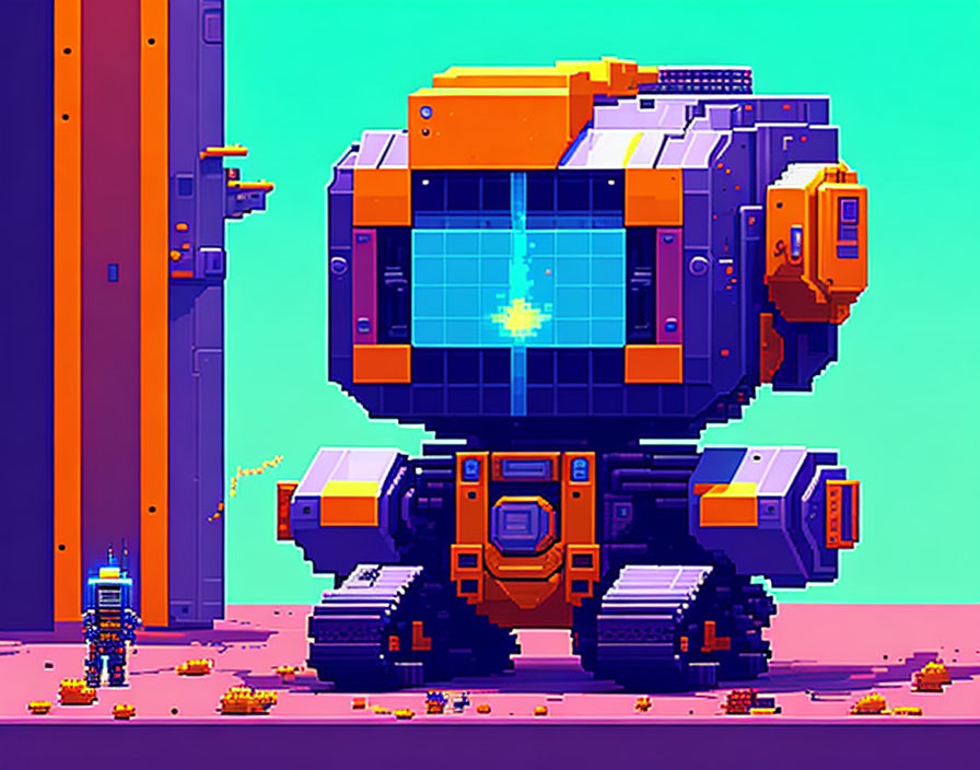 Giant futuristic tank pixel art on purple and orange landscape