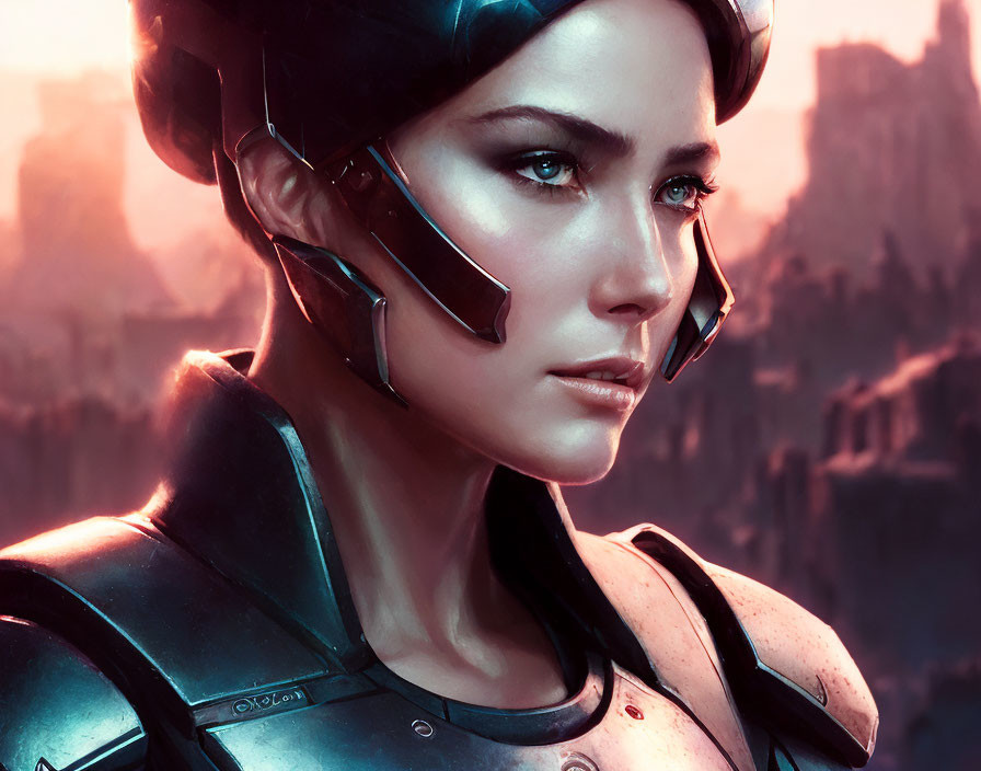 Female character in futuristic helmet and armor against sci-fi backdrop