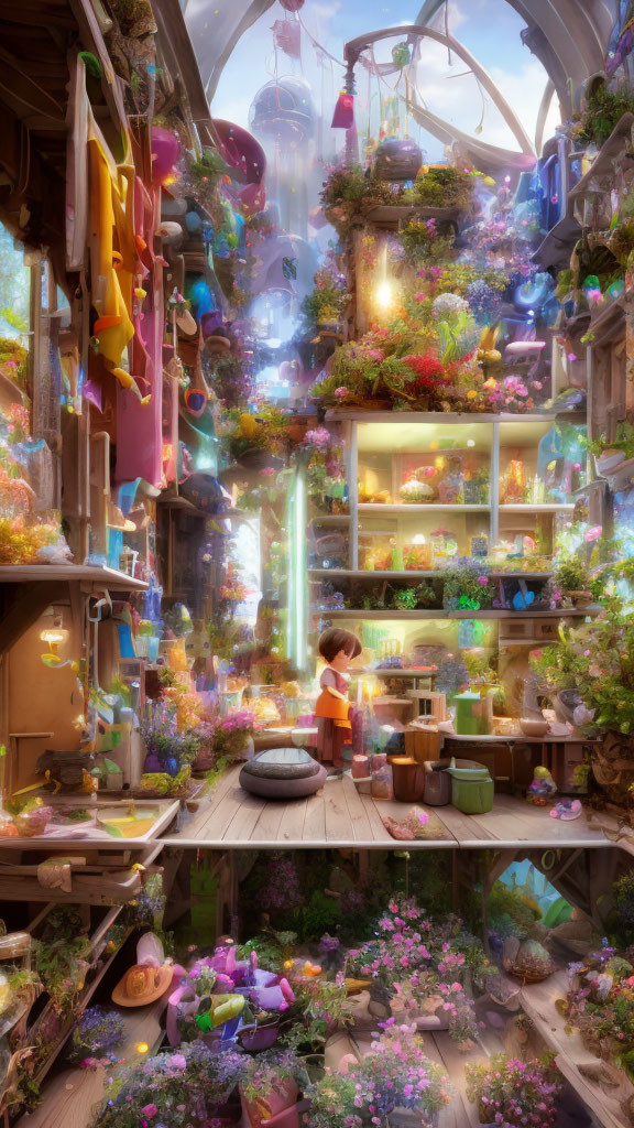 Colorful indoor garden with lush plants and floating lights, child admiring glowing centerpiece