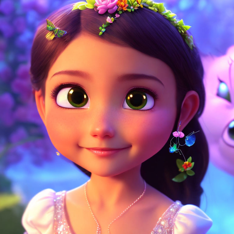 Close-up 3D animated girl with floral headband and butterfly earrings, soft-focused magical creature.