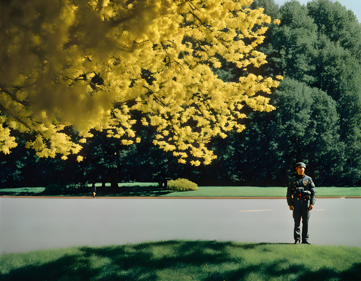 Person in Uniform Standing Under Vibrant Yellow Tree Foliage