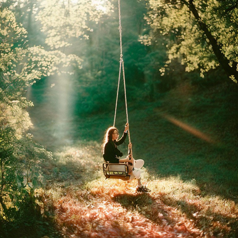 Person sitting on rope swing in sunlit forest with piercing light beams