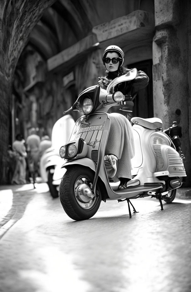 Vintage woman on scooter in bustling street exudes elegance