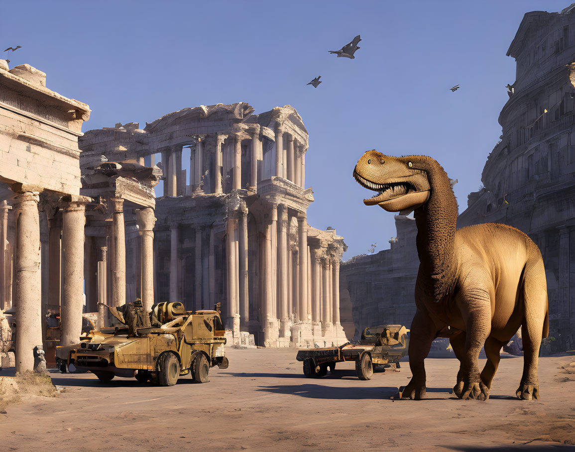 Dinosaur in ancient ruins with military vehicles and birds under clear sky