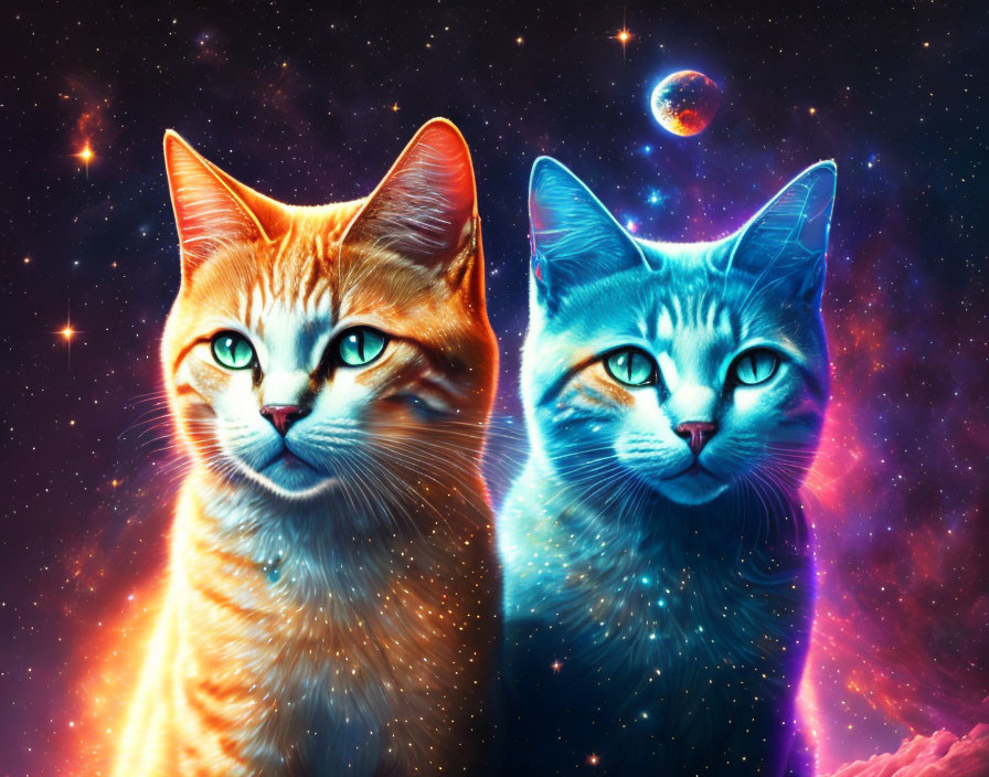 Colorful Cats in Cosmic Starry Sky with Planet and Nebulae