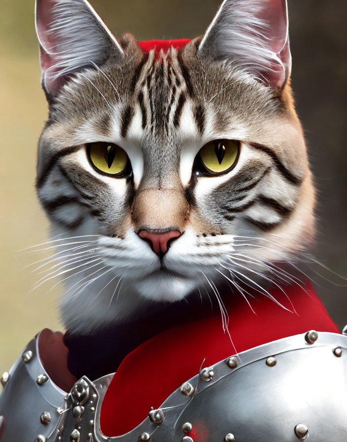 Digital artwork of a cat in knight armor with yellow eyes on blurred backdrop