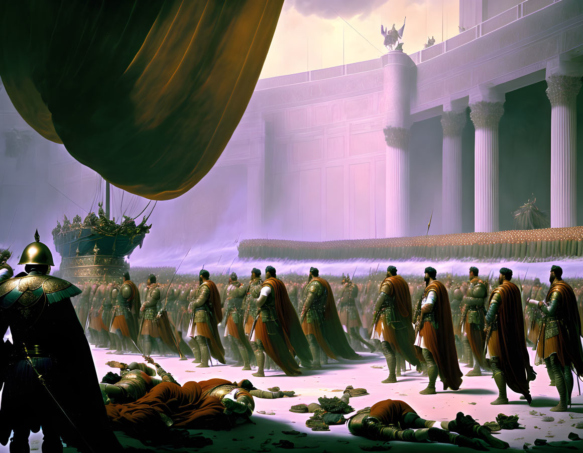 Roman soldiers in formation on battlefield with general and grand city architecture.