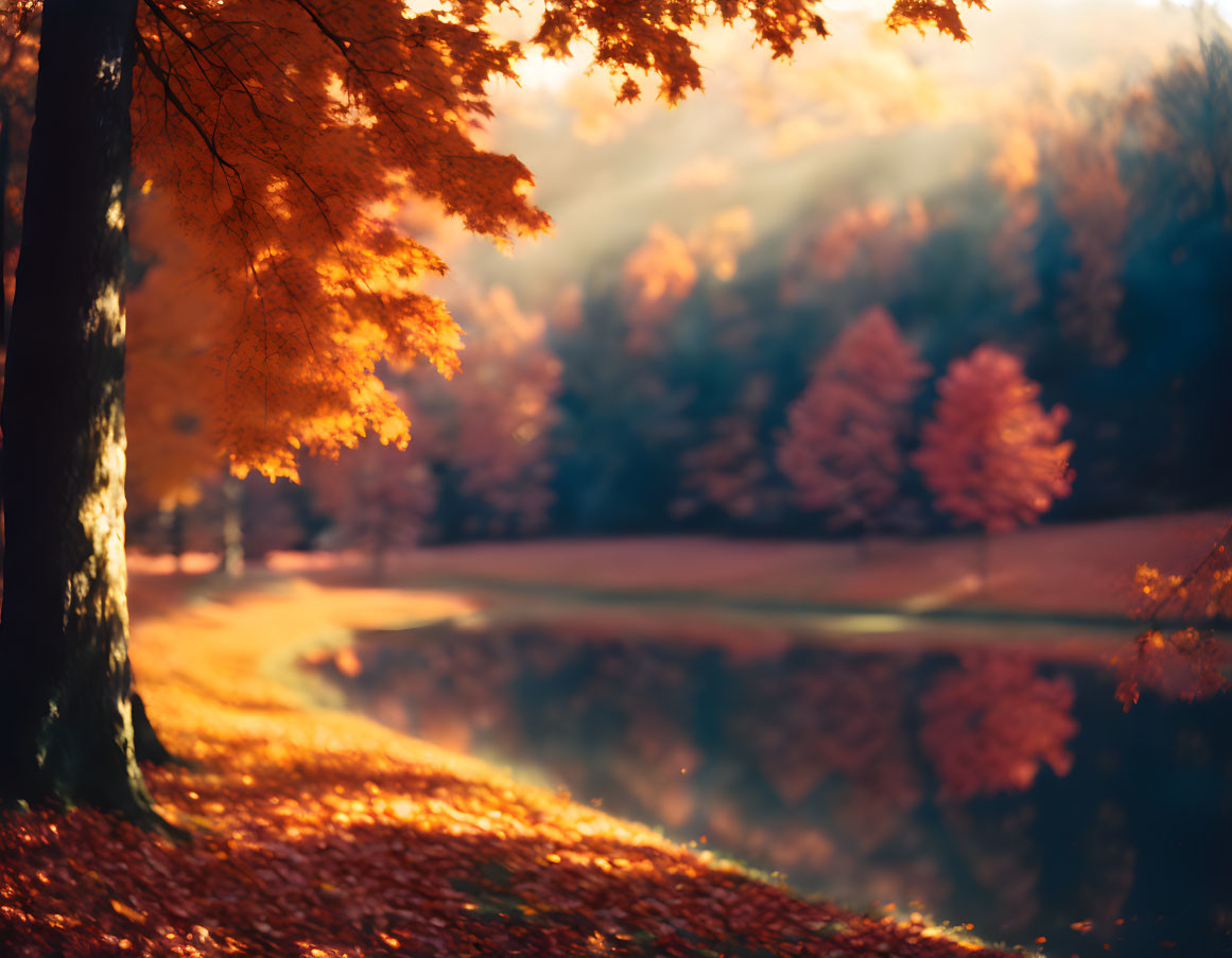 Tranquil autumn landscape with vibrant leaves by calm lake