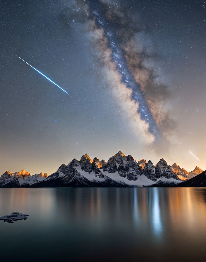 Starry night sky with Milky Way, shooting star, snow-capped mountains, and serene lake