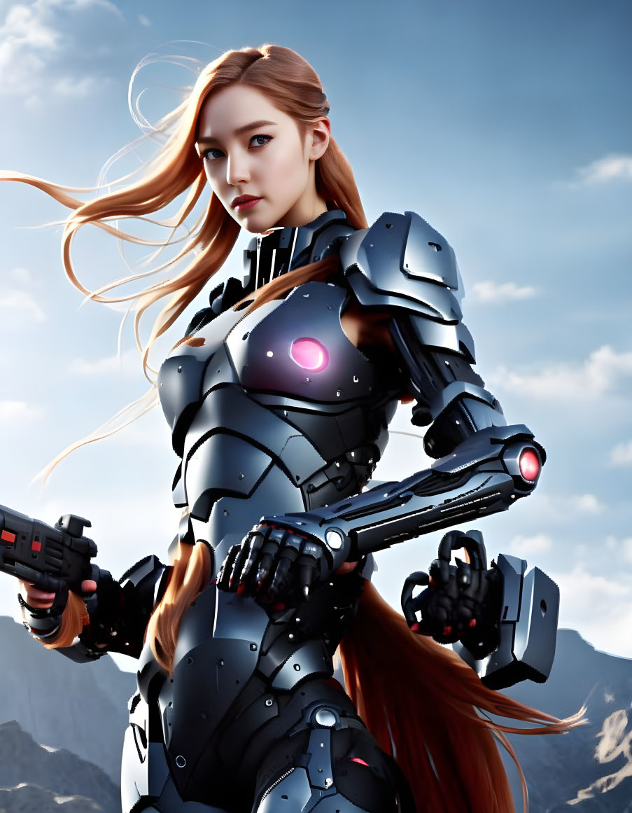 Female humanoid robot in red hair and black armor with glowing weapon under cloudy sky