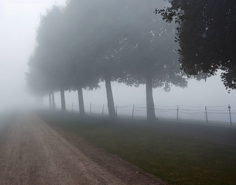 Foggy trees along gravel road with fence under overcast sky