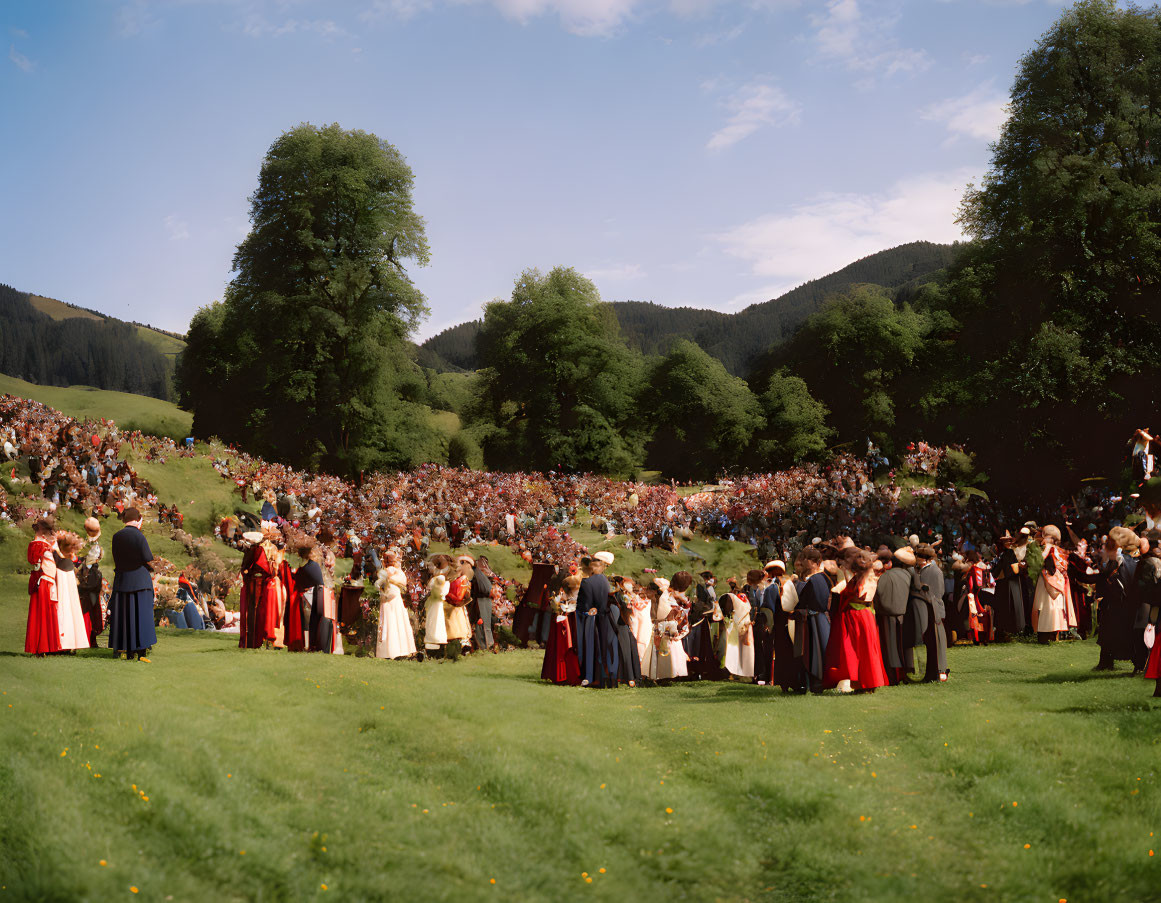 Traditional Attire Gathering in Green Hills under Blue Sky