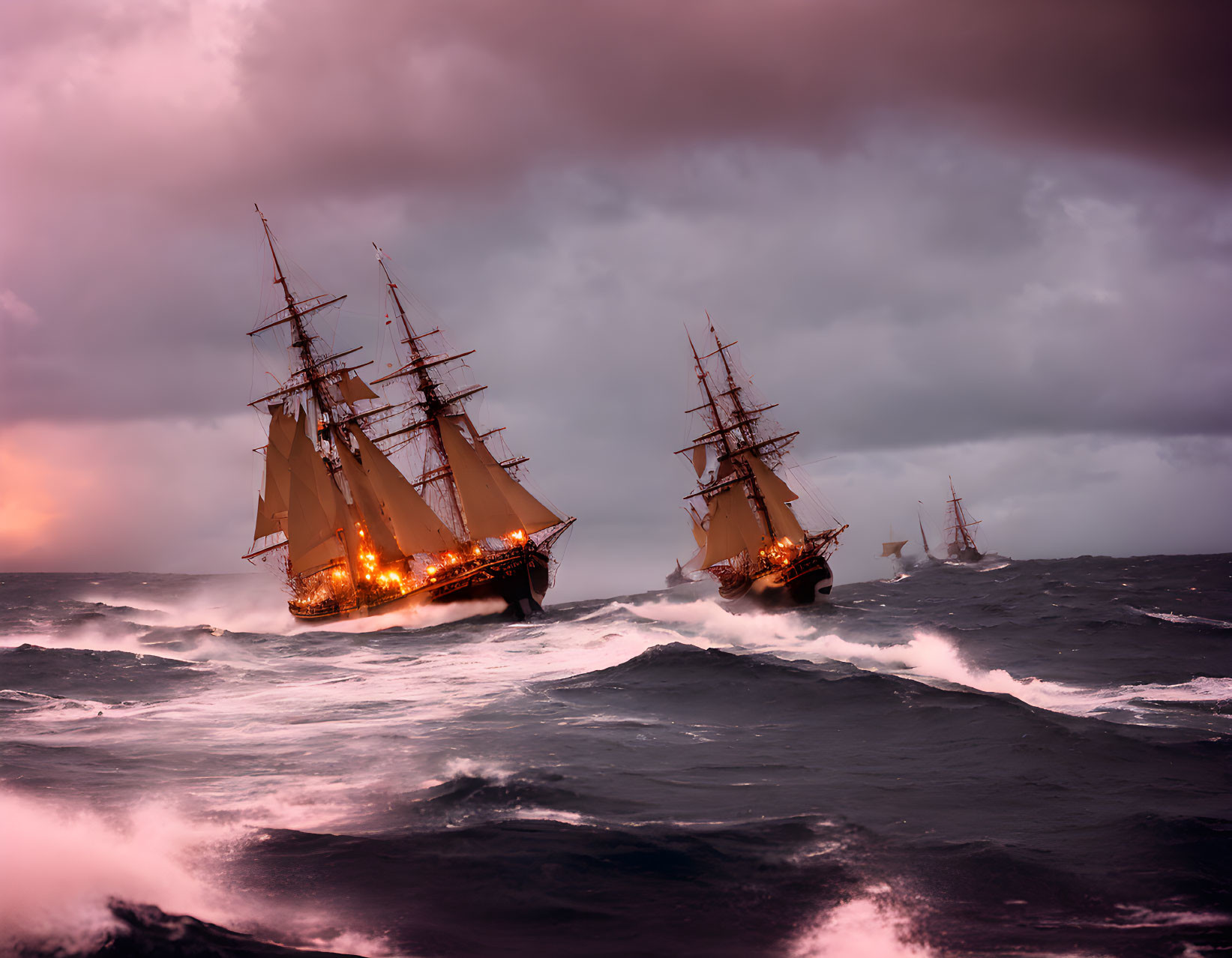 Tall ships with illuminated sails on stormy seas at dusk