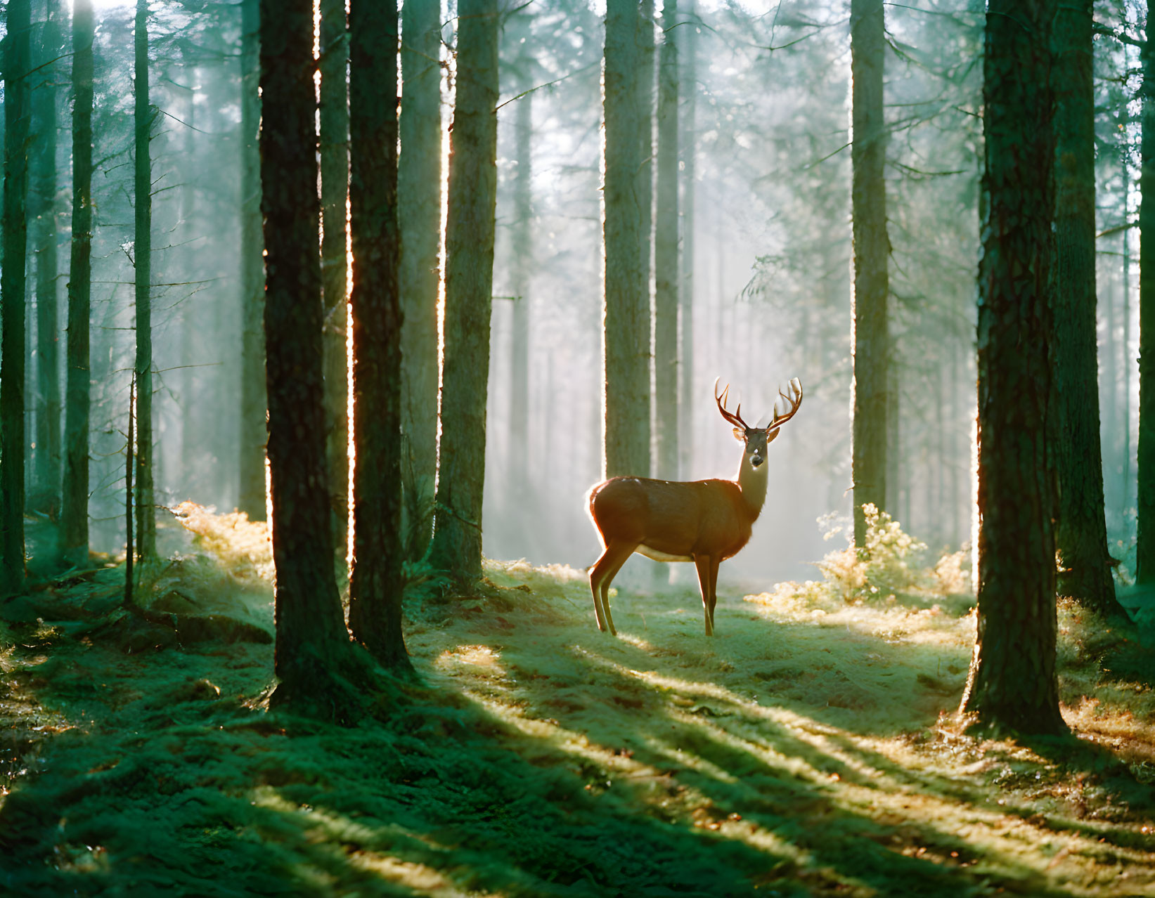 Sunlit forest scene: lone deer in misty woods