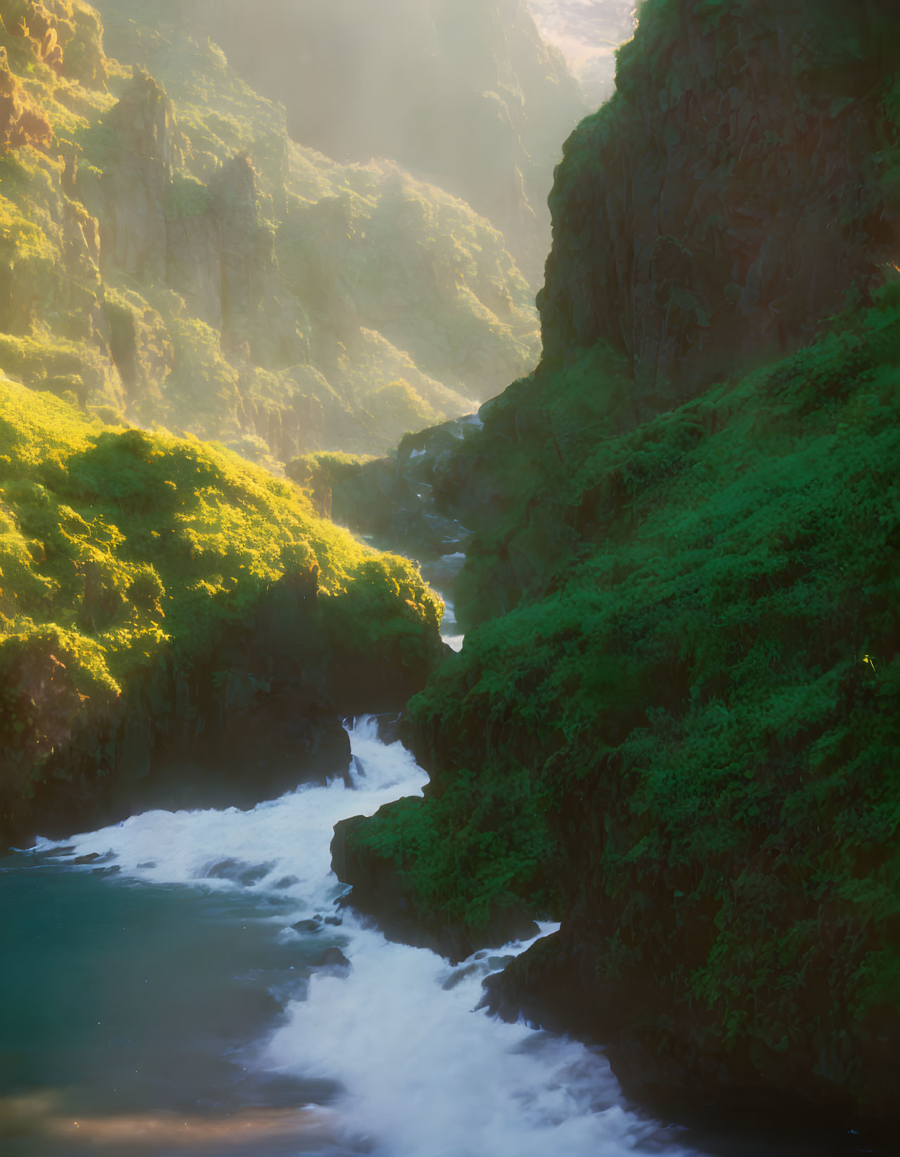 Tranquil river in lush ravine with rocky cliffs