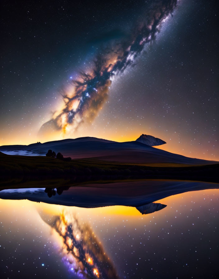 Stunning Milky Way galaxy reflected in tranquil lake at night