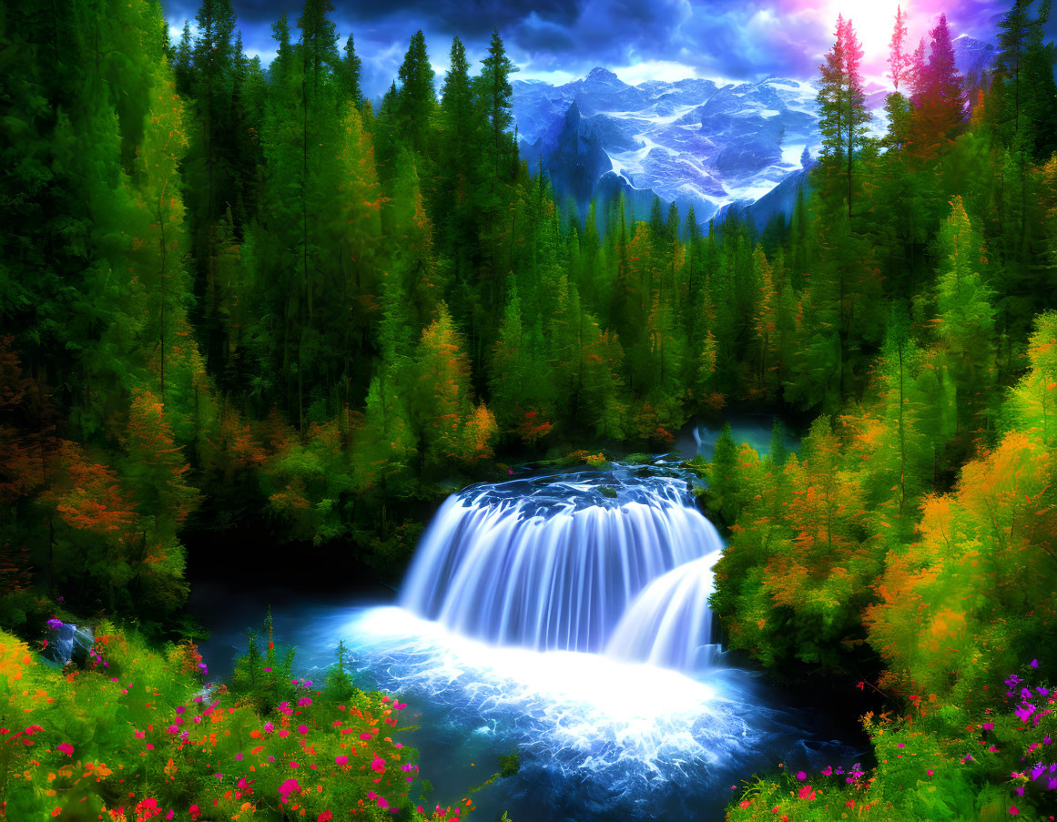 Scenic landscape with waterfall, autumn trees, wildflowers, and snow-capped mountain