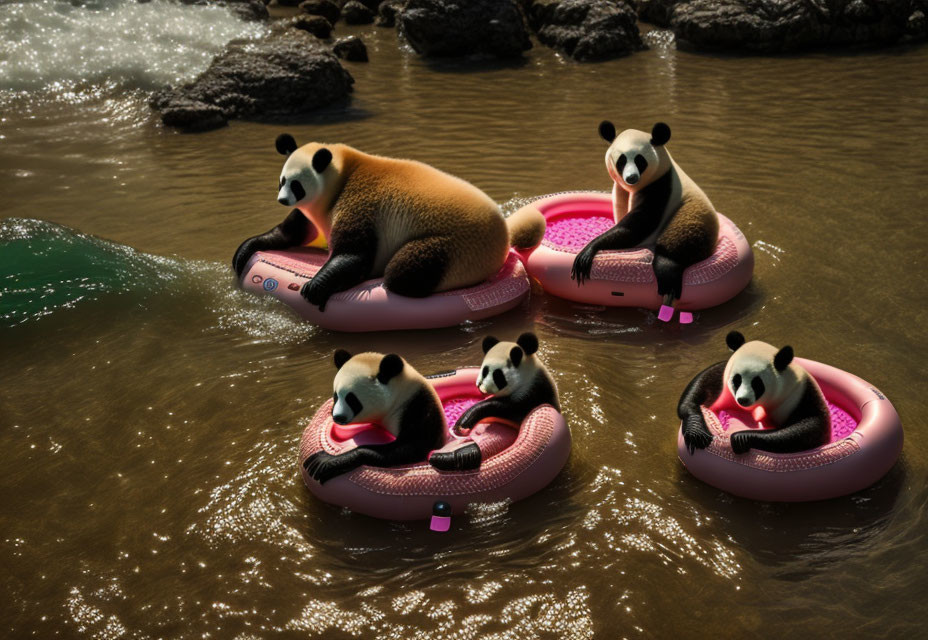 Four pandas on pink flamingo floaties in sparkling water.