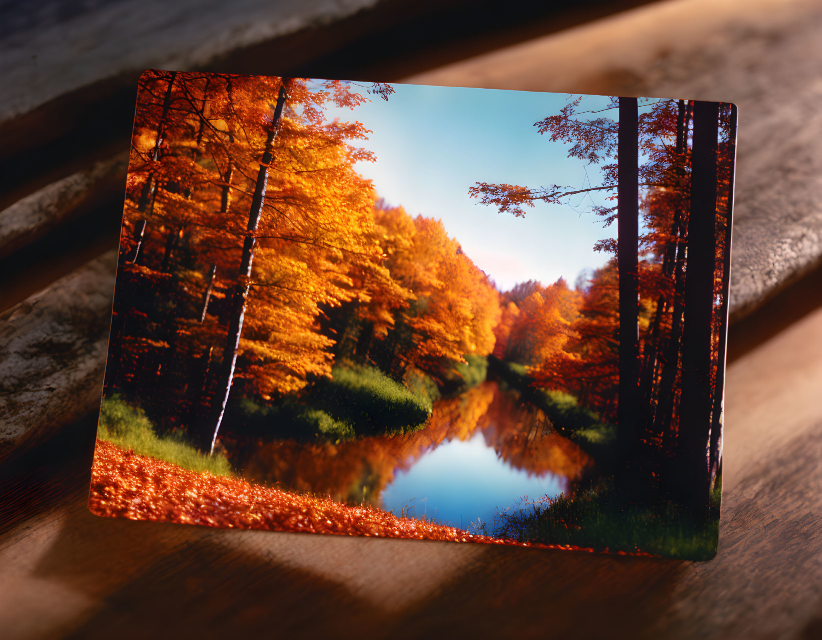 Autumnal forest canvas print with vibrant orange leaves on wooden surface