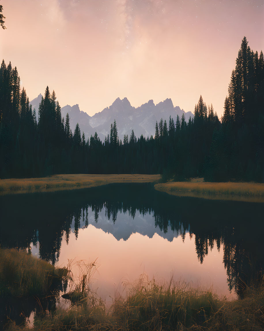 Mountain Range Reflected in Forest Lake at Twilight