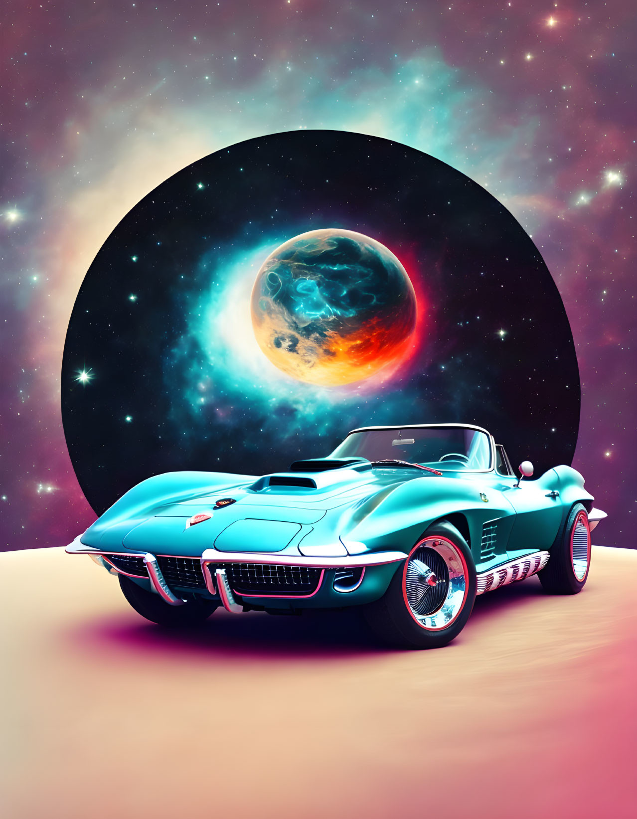 Vintage Car on Surreal Alien Landscape with Large Moon and Stars