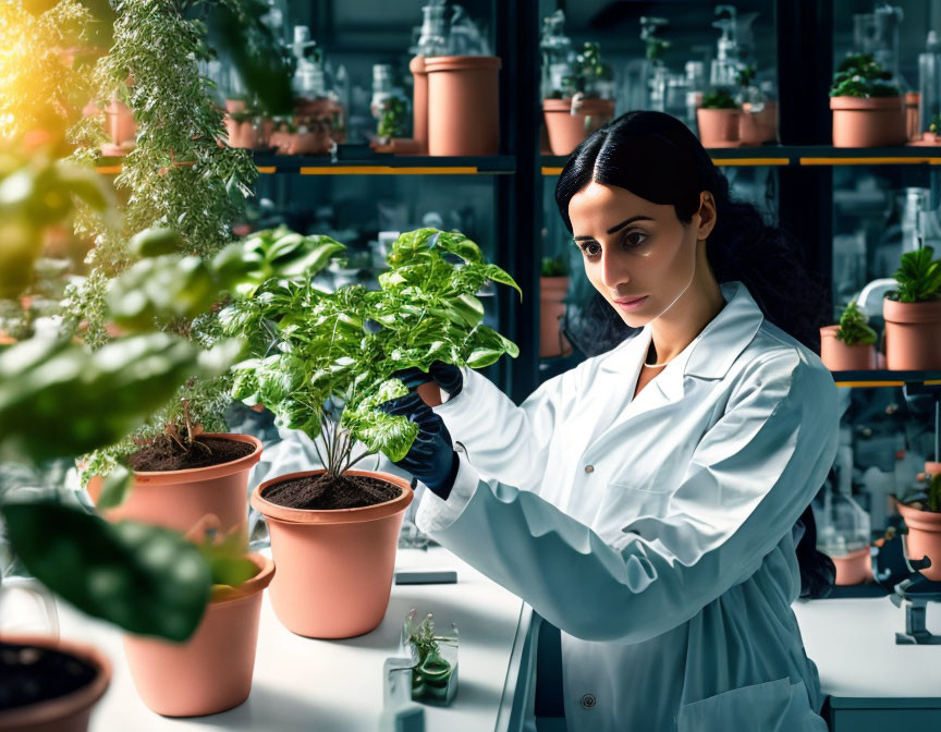 Female Scientist Examines Potted Plant in Greenhouse