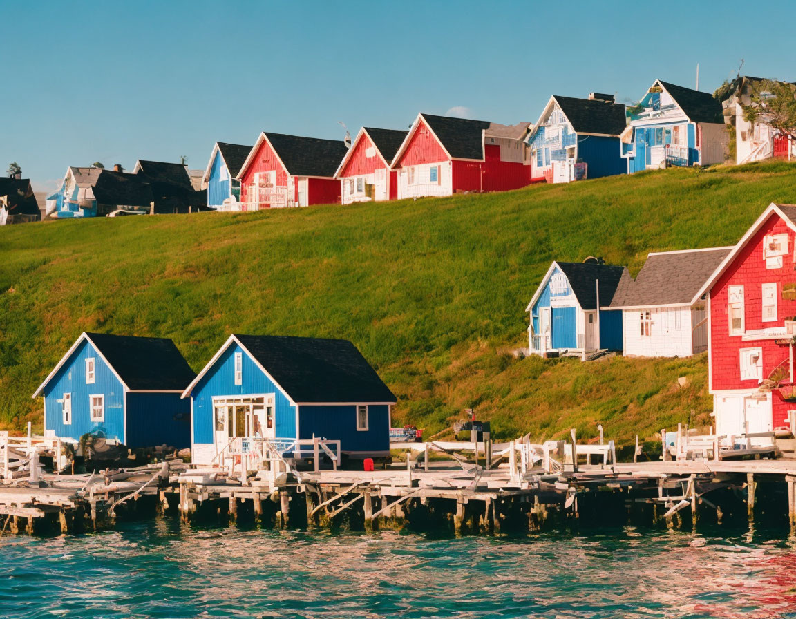 Vibrant waterfront houses with jetty, grassy hill, and blue sky