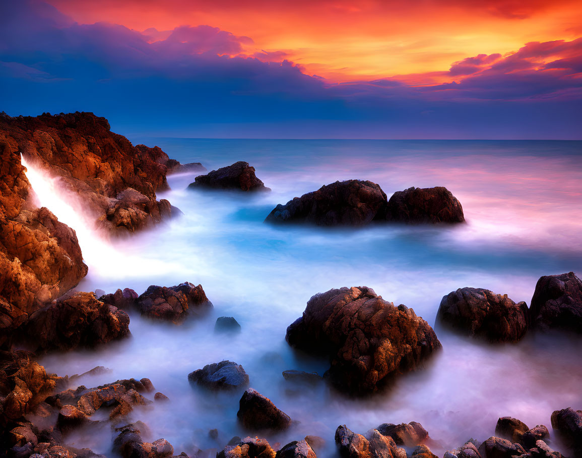 Scenic seascape with smooth water, rocks, and sunset sky in orange and blue hues