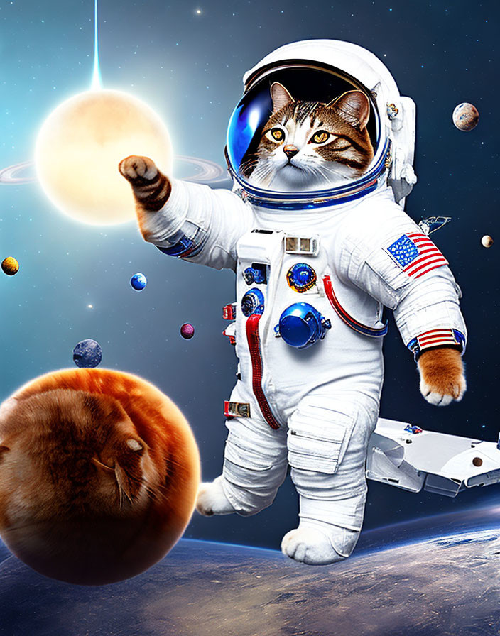 Cat in astronaut suit reaching for glowing orb in space.