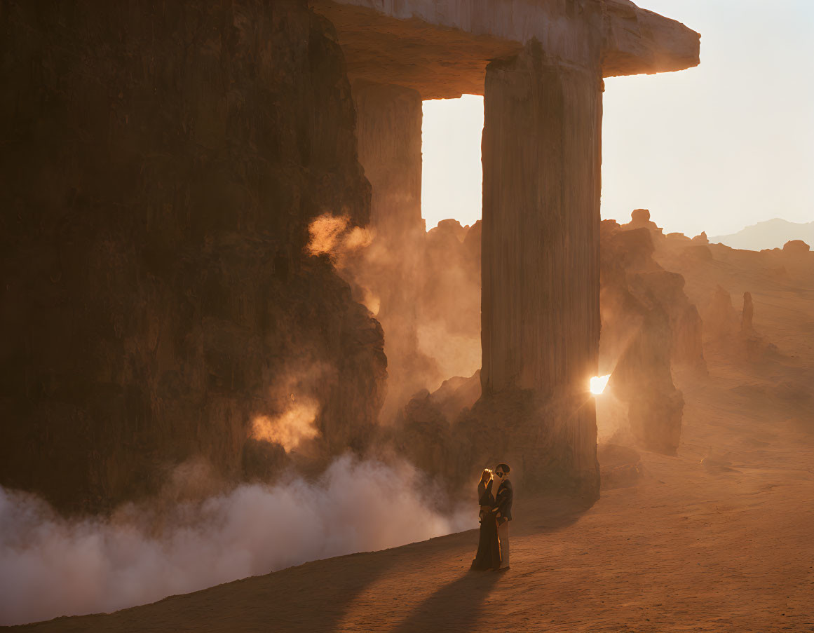 Person standing in misty ruins at sunset