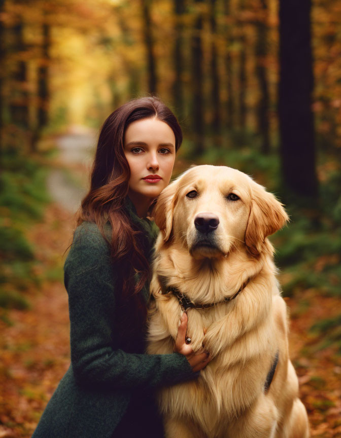 Woman in Green Coat Embracing Golden Retriever in Autumn Forest