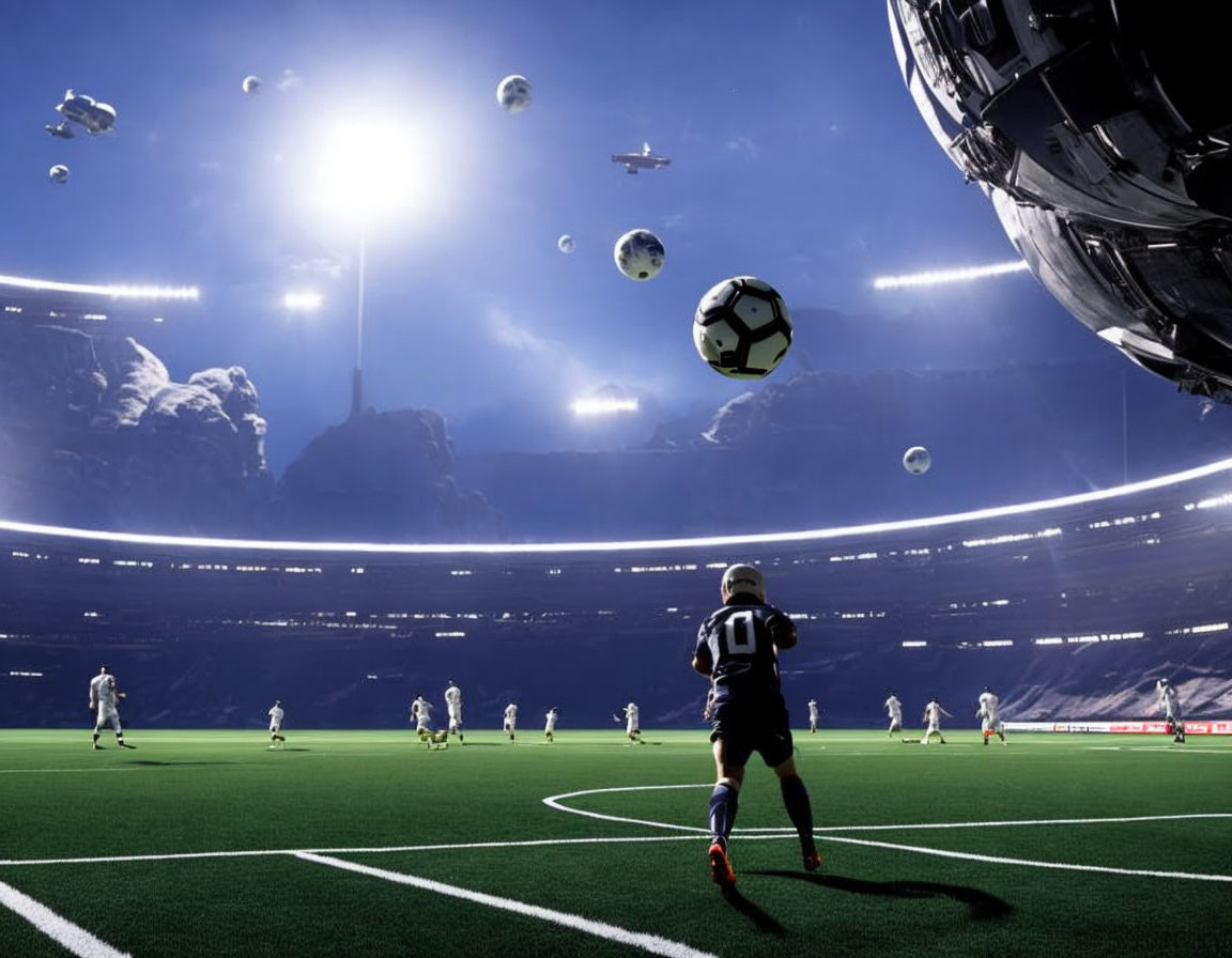 Soccer player kicks ball under futuristic sky