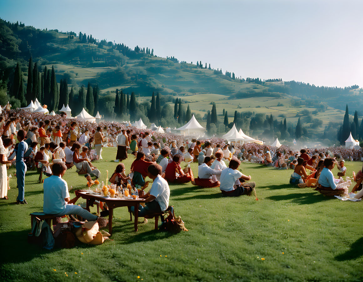 Outdoor Picnic Gathering on Sunny Day with Long Tables