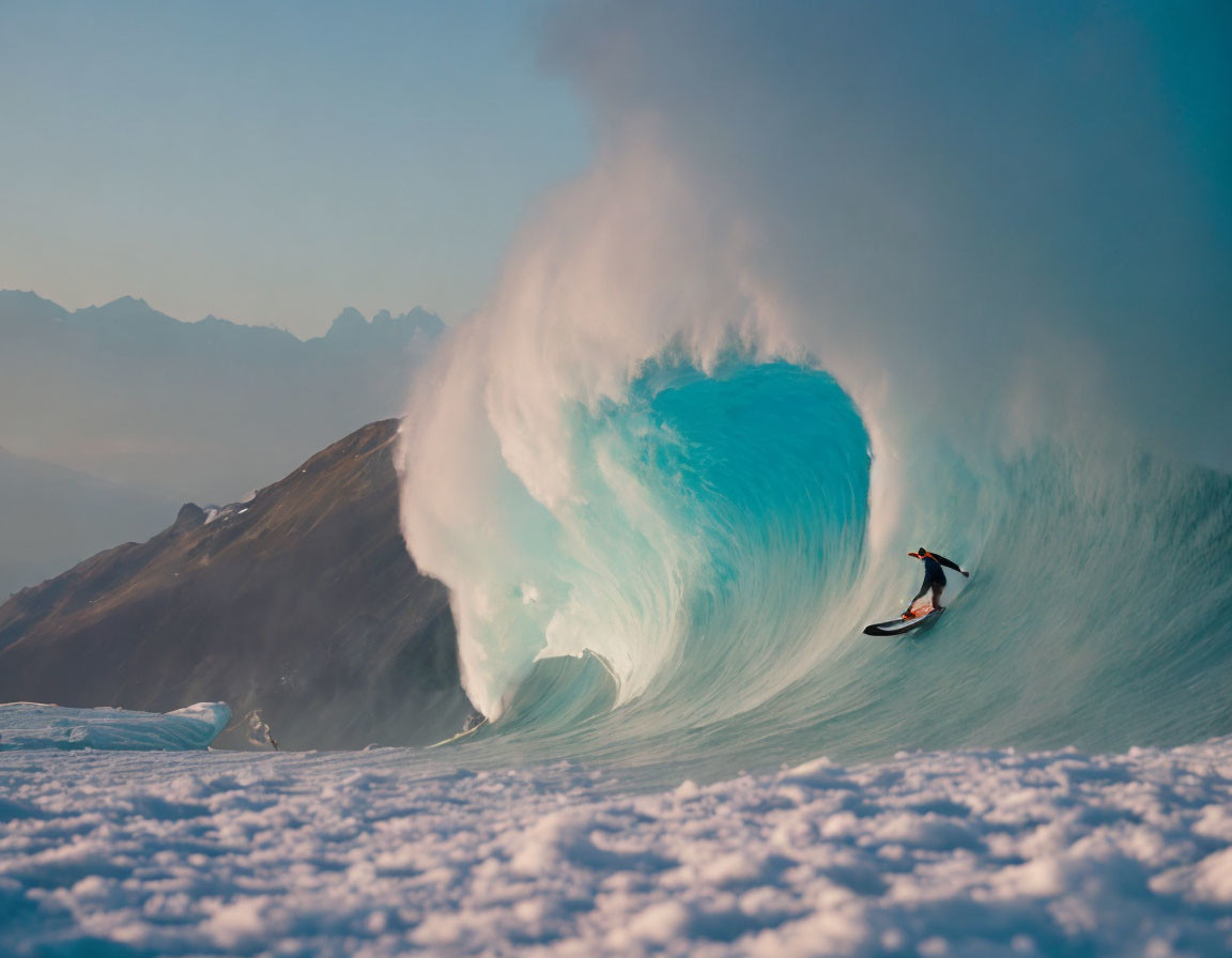 Surfer riding large wave with snowy mountains at sunset