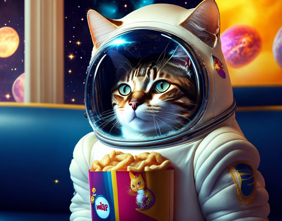 Cat in astronaut suit with popcorn box gazes at colorful planets from spaceship.