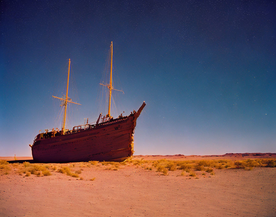 Desert landscape with abandoned shipwreck under starry sky