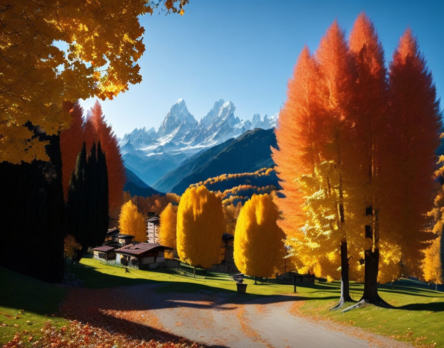 Vivid autumn landscape with orange and yellow trees, winding path, rustic house, snow-capped mountains