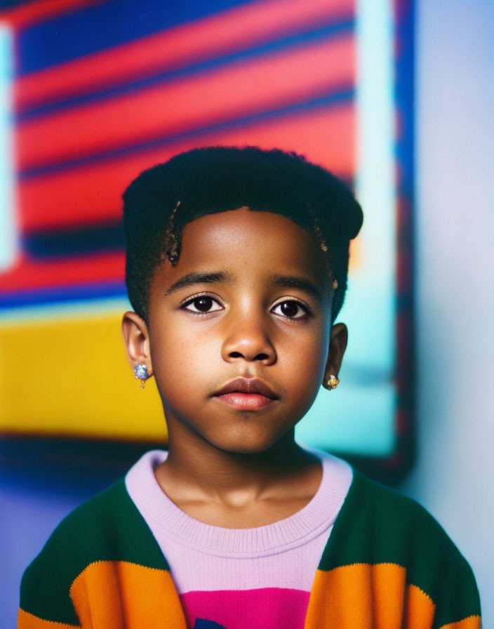 Child with Dark Hair in Striped Sweater and Gold Earrings