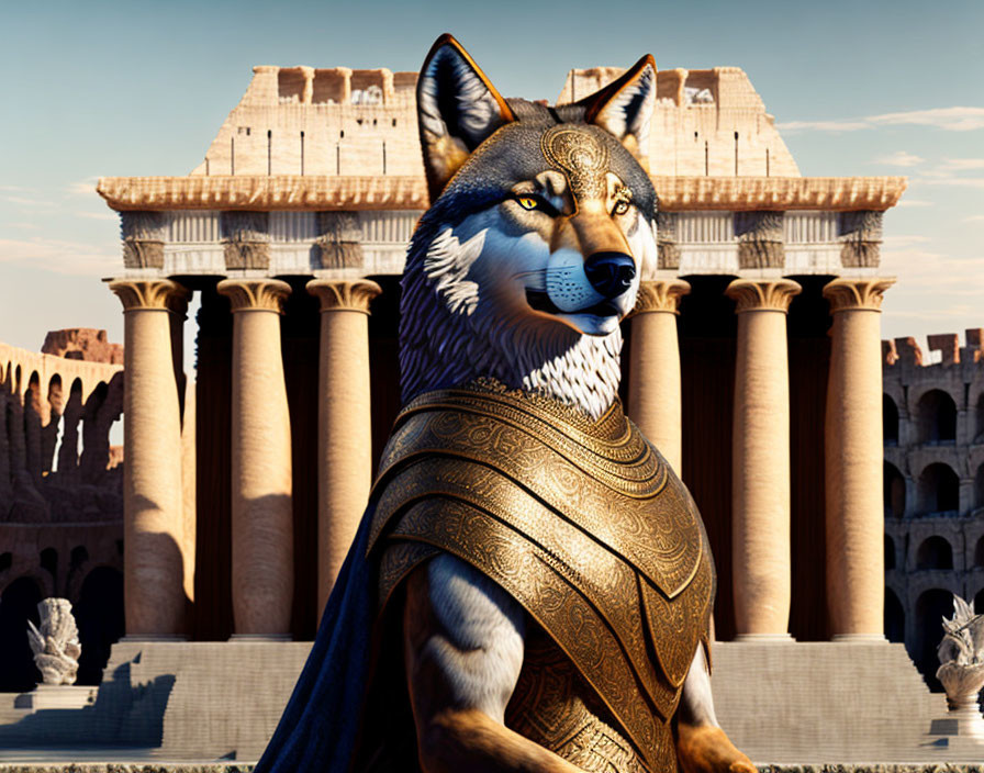 3D-animated wolf in golden Roman armor against ancient architecture