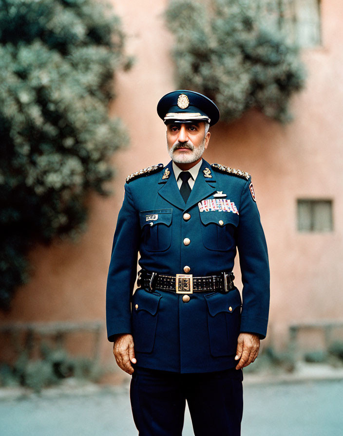 Decorated man in blue military uniform with medals against pink wall