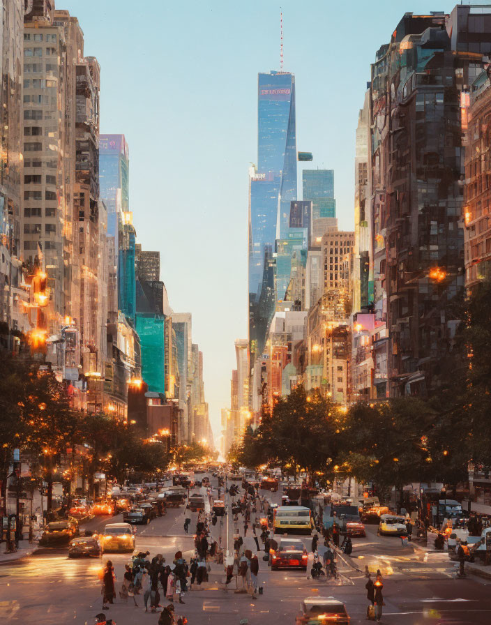 Urban landscape with pedestrians, traffic, and towering buildings in warm sunlight