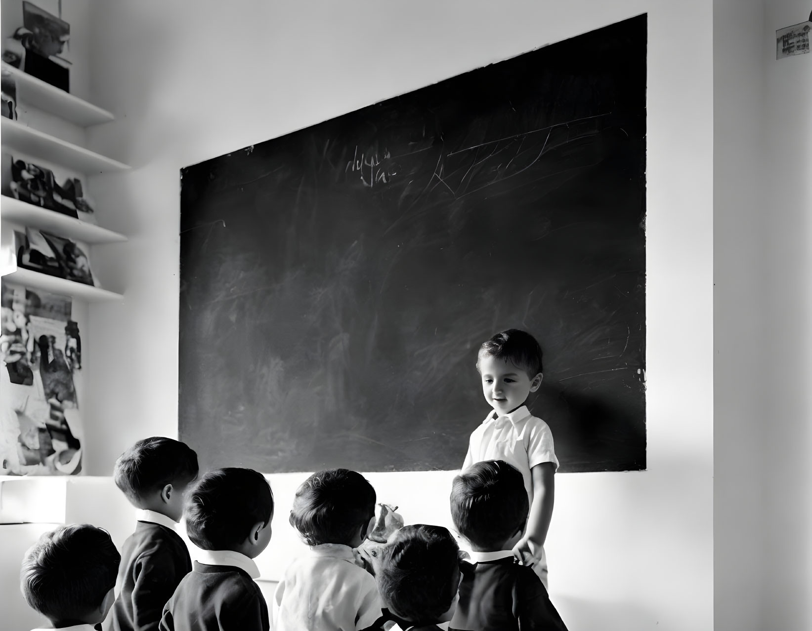 Confident young boy speaks to peers in classroom setting