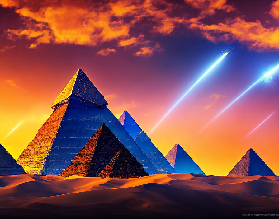 Vivid Golden Pyramids Under Orange Sky