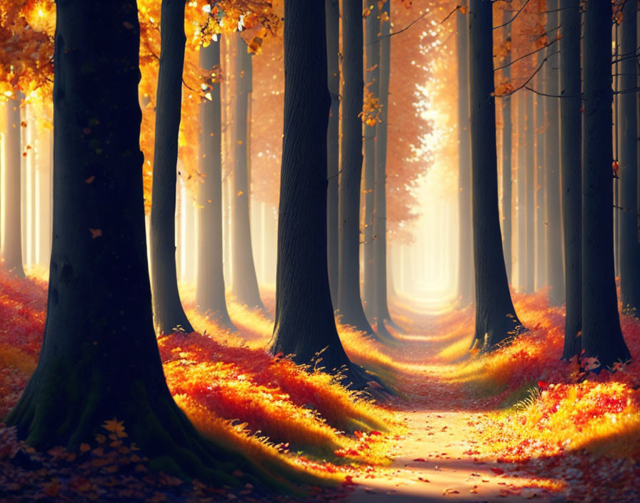 Tranquil Autumn Forest with Sunlit Path