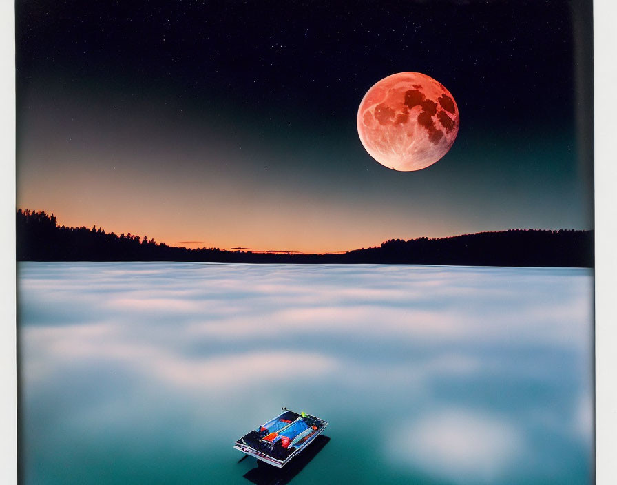 Tranquil red moon over misty water with lone raft and dark tree horizon