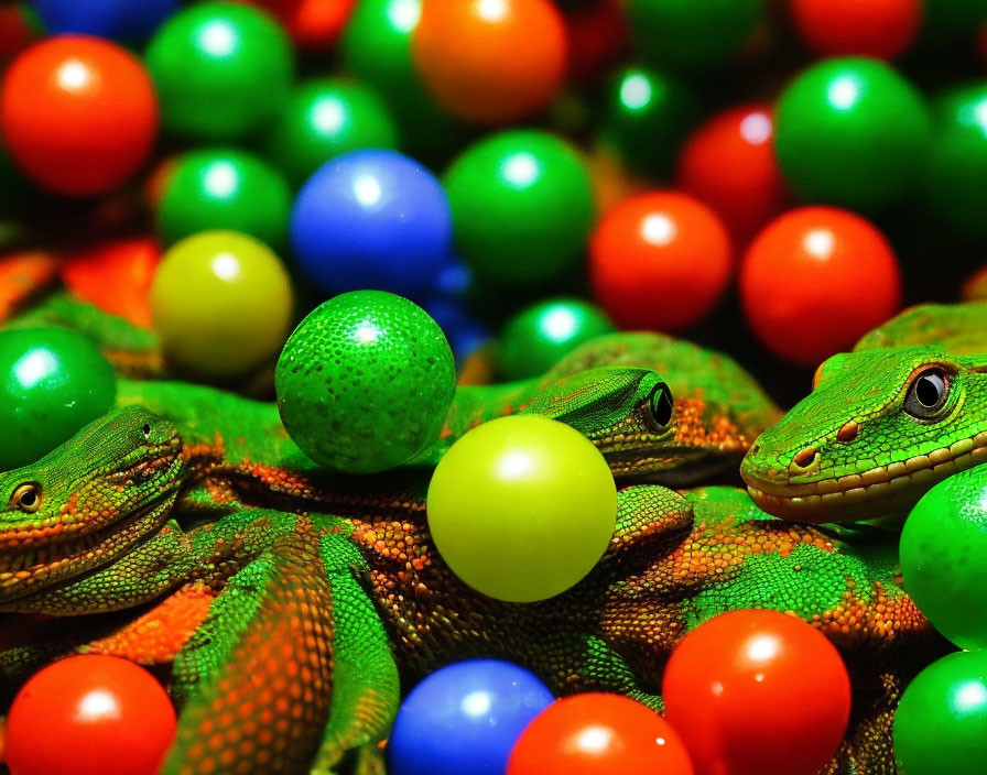 Green lizards blend with colorful balls in curious pose