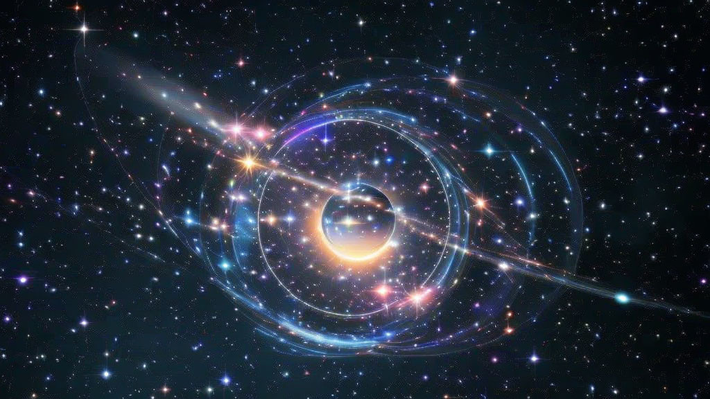 Galaxy digital illustration: supermassive black hole and gravitational lensing.