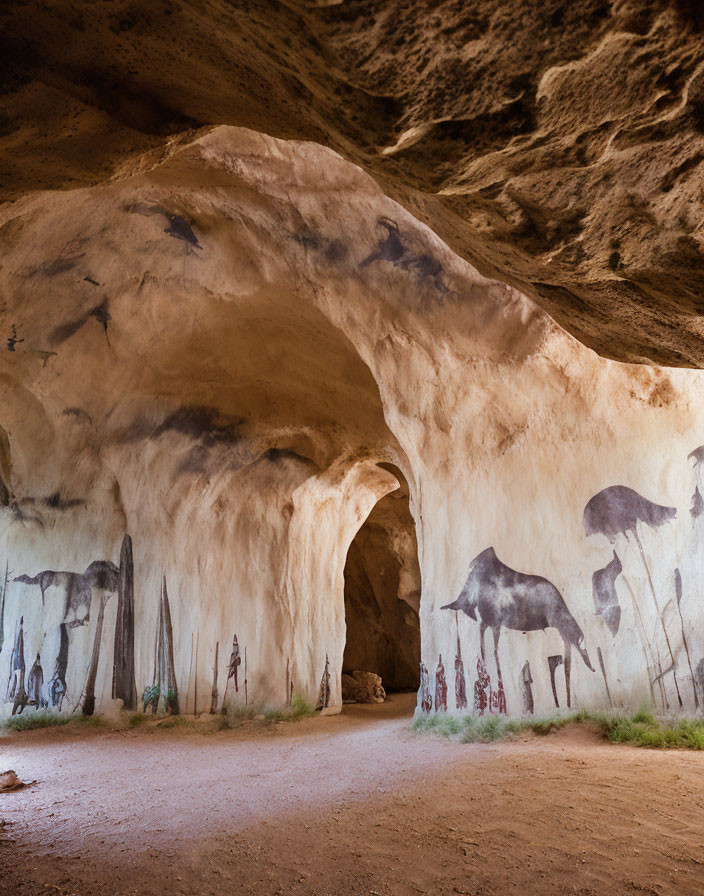 Ancient cave interior with human figures, animals, and symbols